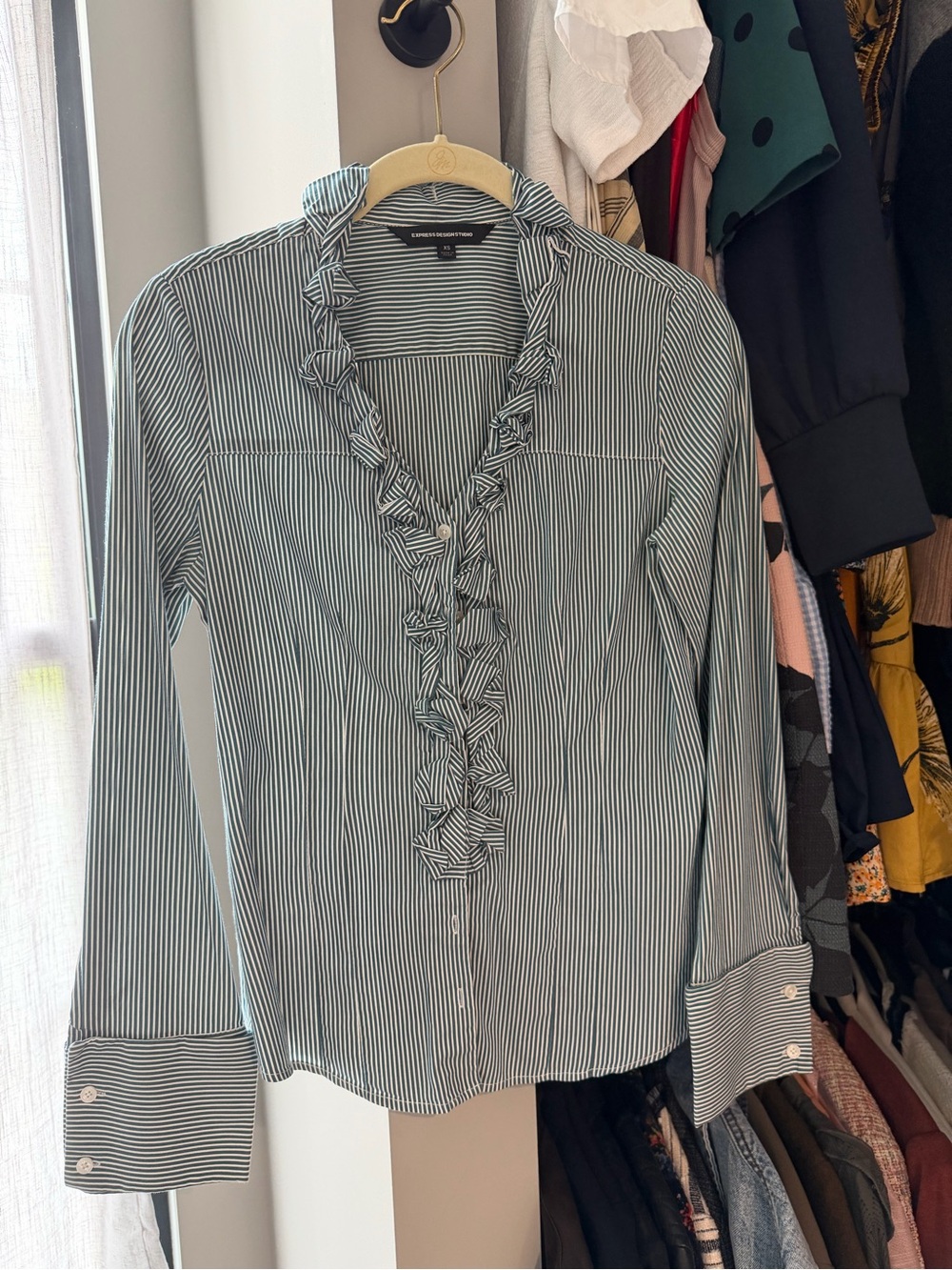 Express Striped Ruffle Front Blouse - Teal/White